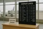 Табло вылетов в аэропорту с пометками о приостановленных и отложенных рейсах, мягкий дневной свет