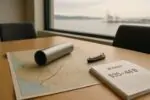 Карта Западной Канады с отмеченным маршрутом к Тихому океану и папкой бюджета на столе у окна