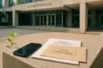 Смартфон рядом с документами гражданского трибунала на фоне здания суда, символ решения о компенсации