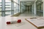 Пробирка с образцом крови и документы исследования на столе в светлой лаборатории в Торонто