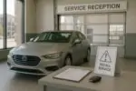 Сервисная зона автодилера в Канаде: серебристый автомобиль у стойки с нейтральным напоминанием о сервисном отзыве