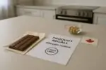 Шоколадный батончик без бренда рядом с уведомлением об отзыве и миской фисташек на кухонном столе