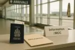 Паспорт и посадочный талон рядом с папкой «Application» в зале прилёта аэропорта Канады