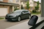 Современный автомобиль в спокойном канадском дворе; рядом ключ-брелок в защитном чехле, символ уязвимости.