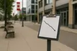 Спокойная городская площадь в Канаде и планшет с графиком плавного снижения, символизирующим спад преступности