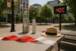 Площадь в Оттаве с небольшими флагами Канады, пунктом воды и табло 40°C в жаркий День Канады