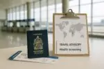 Спокойный вид на зону аэропорта: канадский паспорт, посадочный талон и памятка о временных ограничениях въезда.