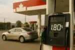 Табло цены на бензин около 1,80 на современной канадской АЗС в мягком дневном свете, без людей.