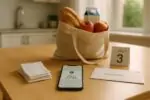 Кухонный стол с чеками, пакетом с продуктами и уведомлением о выплате пособия на смартфоне в Канаде