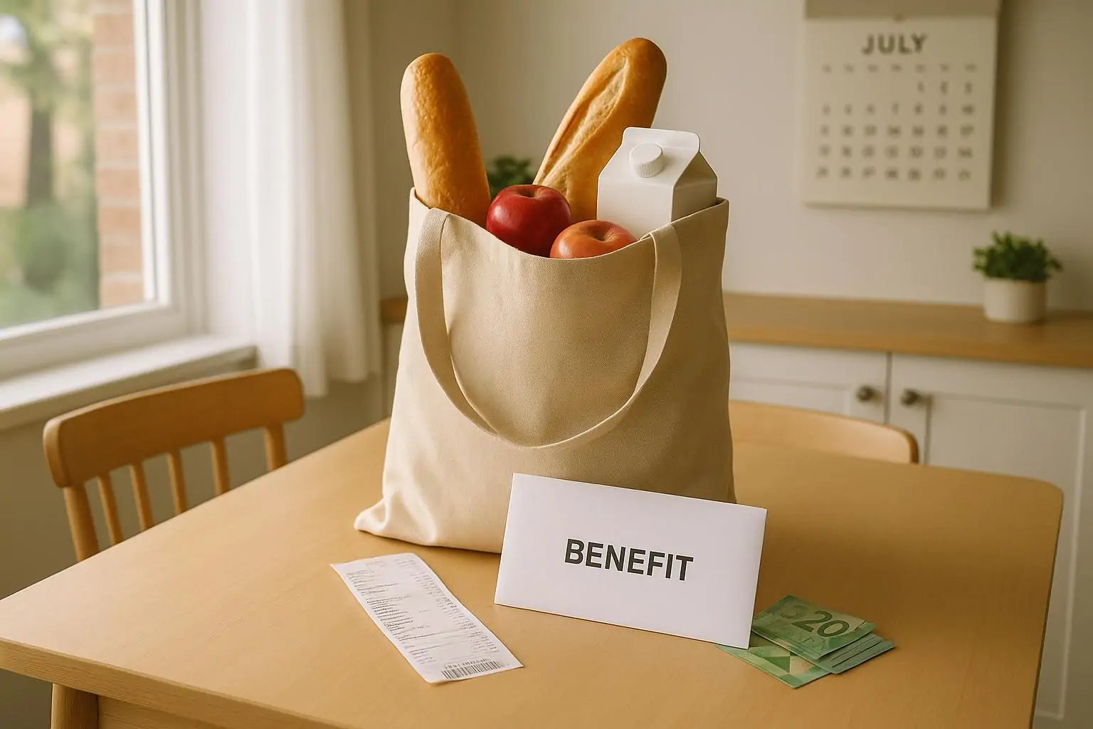 Светлая кухня: пакет с продуктами, чек и конверт «пособие», символ роста выплат и поддержки семей