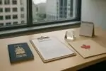 На столе в офисе — канадский паспорт и документы, рядом график со снижением показателей иммиграции.