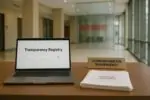 Офисный стол с ноутбуком и документами о реестре прозрачности, нейтральная госатмосфера Канады