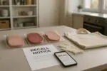Упакованные мясные деликатесы на кухонной столешнице рядом с листом «отзыв» и смартфоном, дневной свет