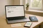Ноутбук с онлайн-формой продления паспорта, рядом паспорт и смартфон со статусом заявки, дневной свет.