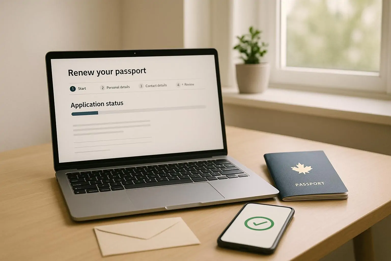 Ноутбук с онлайн-формой продления паспорта, рядом паспорт и смартфон со статусом заявки, дневной свет.
