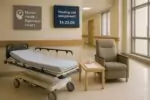 Пустые каталка и кресло в светлом коридоре канадского ER, рядом табличка Mental Health и ожидание койки.