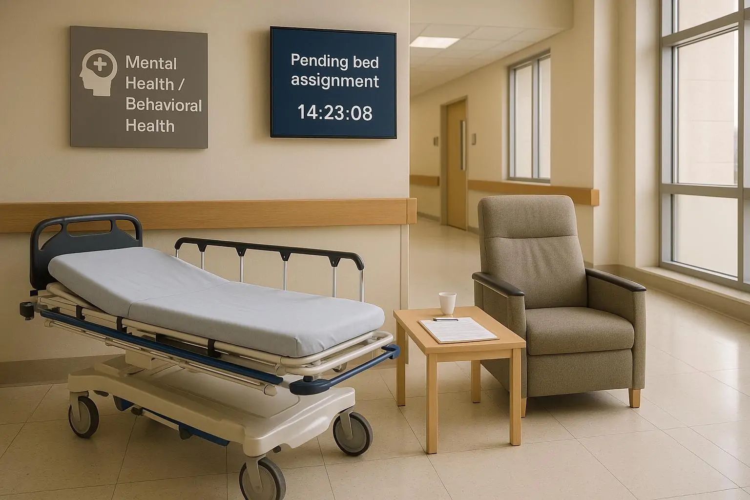 Пустые каталка и кресло в светлом коридоре канадского ER, рядом табличка Mental Health и ожидание койки.