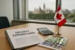 Папка «расходы на охрану» и канадские доллары на столе в гософисе, мягкий дневной свет