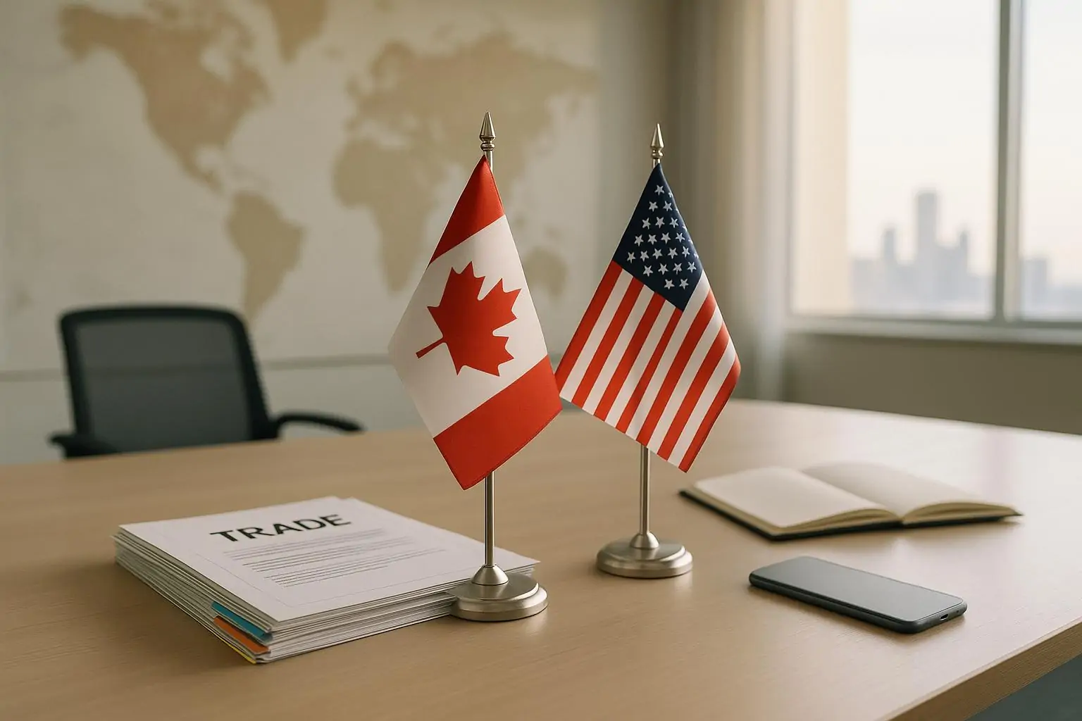 Флаги Канады и США на столе рядом с папкой документов, символ переговоров о тарифах при дневном свете