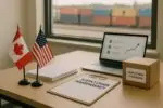 Флаги Канады и США на столе рядом с документами о цепочках поставок и проверке импорта, дневной свет