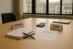 Стол переговоров с документами и графиком снижения экспорта, таблички «CANADA» и «USA» в мягком дневном свете