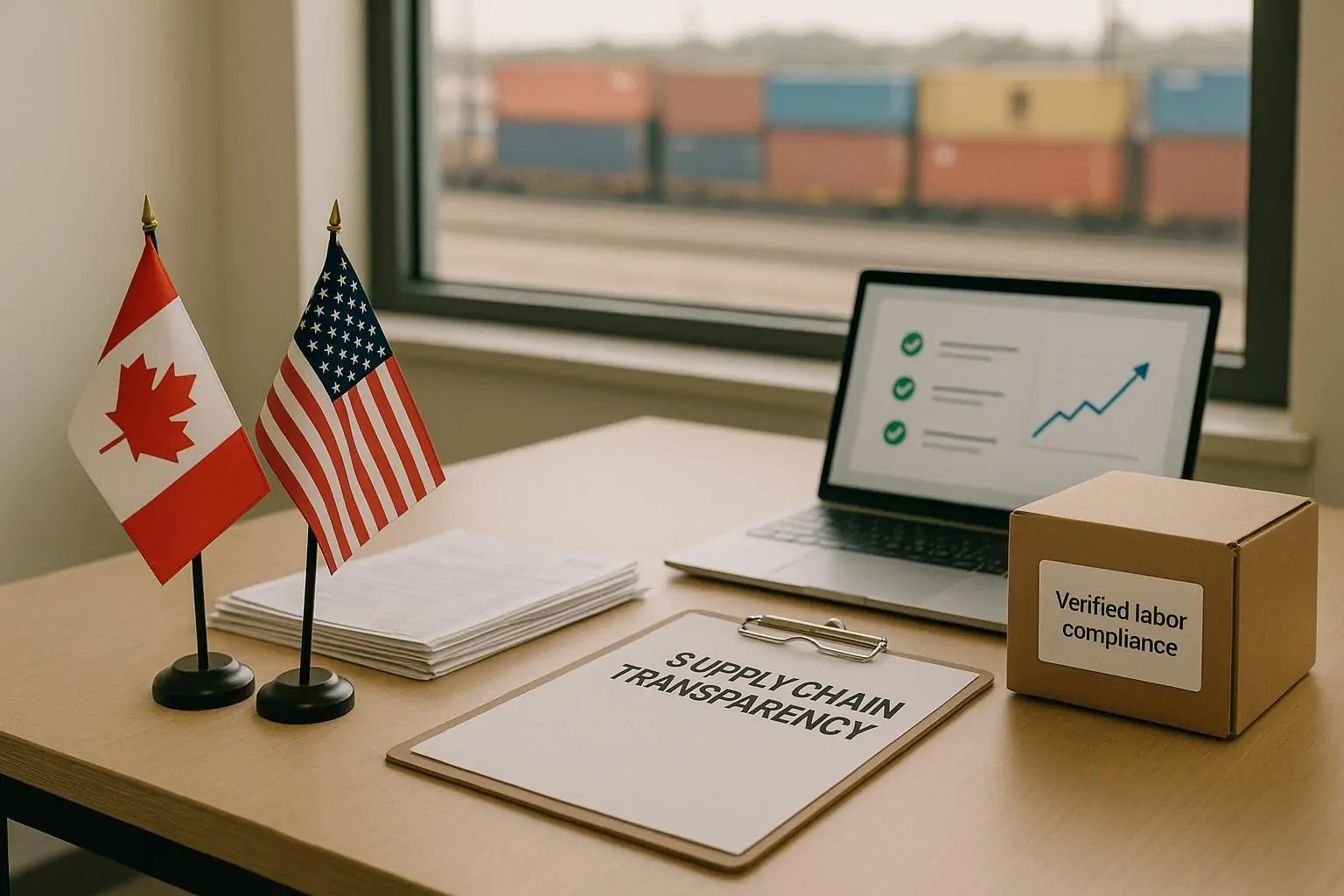 Флаги Канады и США на столе рядом с документами о цепочках поставок и проверке импорта, дневной свет