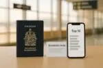Канадский паспорт на столе в светлом аэропорту рядом со смартфоном с нейтральным графиком рейтинга
