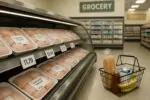 Витрина супермаркета в Канаде с упаковками куриных бёдер и заметно выросшими ценниками, без людей