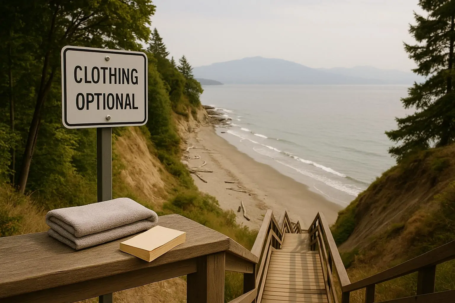 Вид на лестницу к уединённому пляжу и табличку «clothing optional» на фоне океана и гор вдали