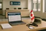 Стол в иммиграционном офисе Канады: ноутбук с анкетой Express Entry и аккуратно лежащие военные атрибуты.