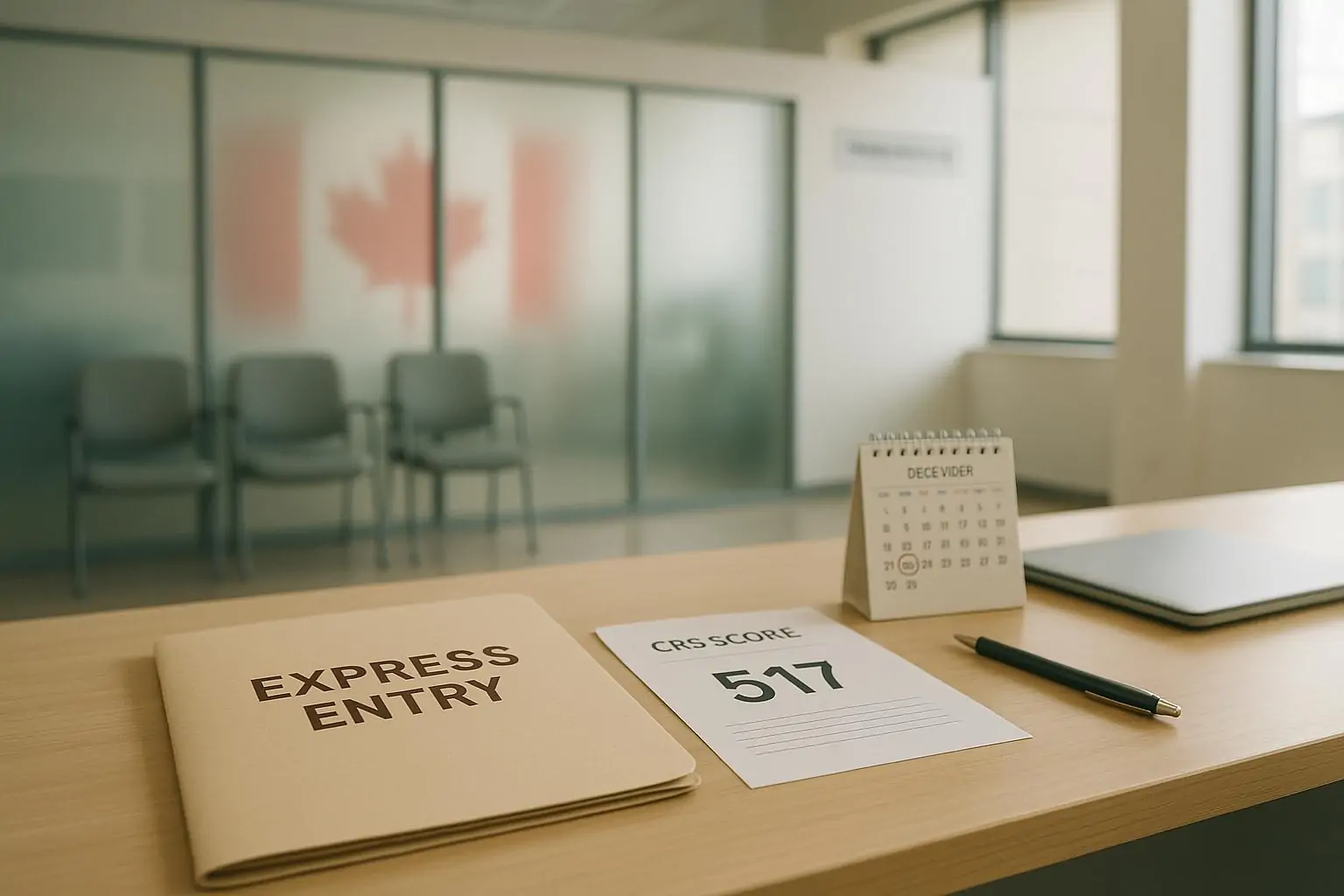 Папка «Express Entry» и лист с отметкой CRS 517 на столе в светлом современном офисе, дневной свет