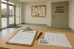 Светлое фойе учебного центра: анкеты на лицензию, бейдж курса безопасности и календарь с отмеченными датами.