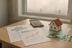 Документы по страховке жилья, калькулятор и макет дома на столе; график роста тарифов на фоне окна.