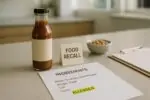 Бутылка острого соуса с нейтральной этикеткой и пометкой об аллергенах на стойке магазина, дневной свет