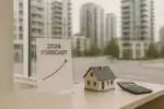 Отчёт о прогнозе цен на жильё рядом с макетом дома на фоне размытых современных домов в Канаде