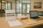 Светлый современный офис: табличка о приглашениях на номинацию Манитобы и стопка конвертов на столе