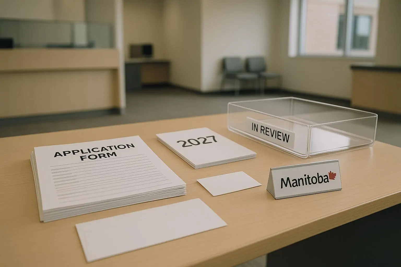 Документы на продление разрешения на работу на столе в офисе, табличка «Manitoba», календарь 2027.