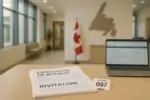 Стол с документами EOI и номерком «057» на фоне карты Ньюфаундленда, символ снижения приглашений
