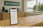 Смартфон с цифровой лицензией и карточка Outdoor Card на столе, на фоне спокойного озера Онтарио
