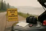 Дорожный знак об эвакуации у леса и озера в Онтарио, лёгкая дымка, дневной свет