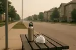 Улица в юго‑западном Онтарио в жаркий день: лёгкая дымка в небе, на скамейке вода и респиратор.
