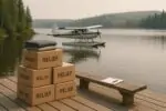 Тихий северный причал на озере в Онтарио с коробками помощи и гидросамолётом на фоне лёгкой дымки