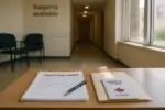 Светлый офис центра поддержки: на столе документы о защитном ордере и брошюра «план безопасности», без людей.