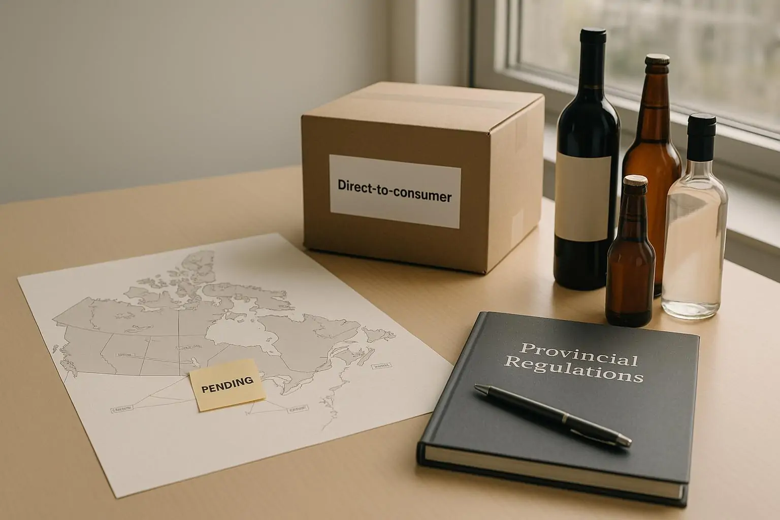 Офисный стол с картой Канады, пометкой «в ожидании» и посылкой, символизирующие торговые барьеры алкоголя