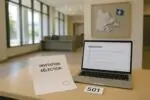 Светлый офис госуслуг в Квебеке: на столе письмо «Invitation», ноутбук с анкетой и карточки «501».