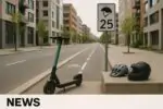 Электросамокат у велодорожки в Квебеке, рядом знак 25 км/ч и два шлема как символ обсуждения правил