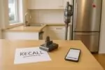 Беспроводной пылесос и снятый аккумулятор с пометкой «RECALL» на столе в светлом доме в Канаде