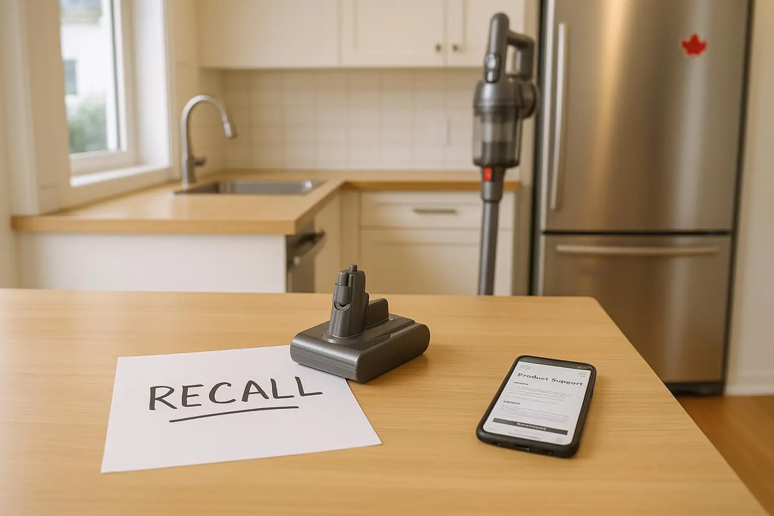 Беспроводной пылесос и снятый аккумулятор с пометкой «RECALL» на столе в светлом доме в Канаде