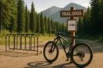 Тихий вход на горный веломаршрут в Ферни: табличка Trail Dogs с заметкой «закрыто» и пустая стойка.