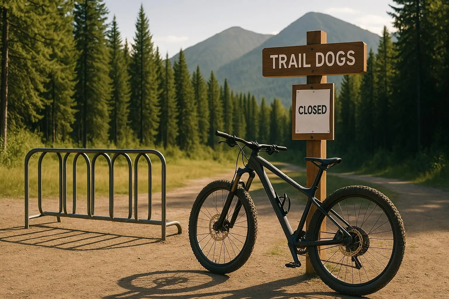 Тихий вход на горный веломаршрут в Ферни: табличка Trail Dogs с заметкой «закрыто» и пустая стойка.